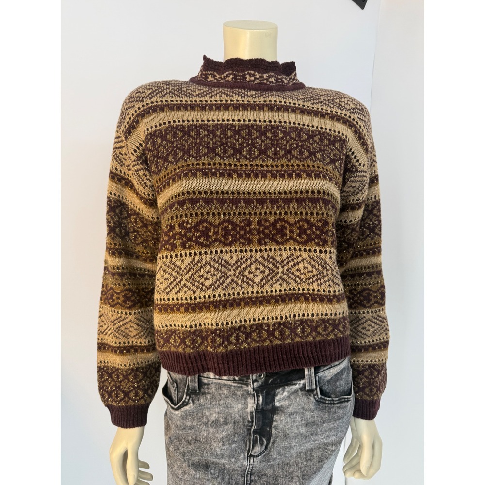 Lizsport Womens Purple Gold Metallic Fair Isle Mock Neck Knit Sweater Size M